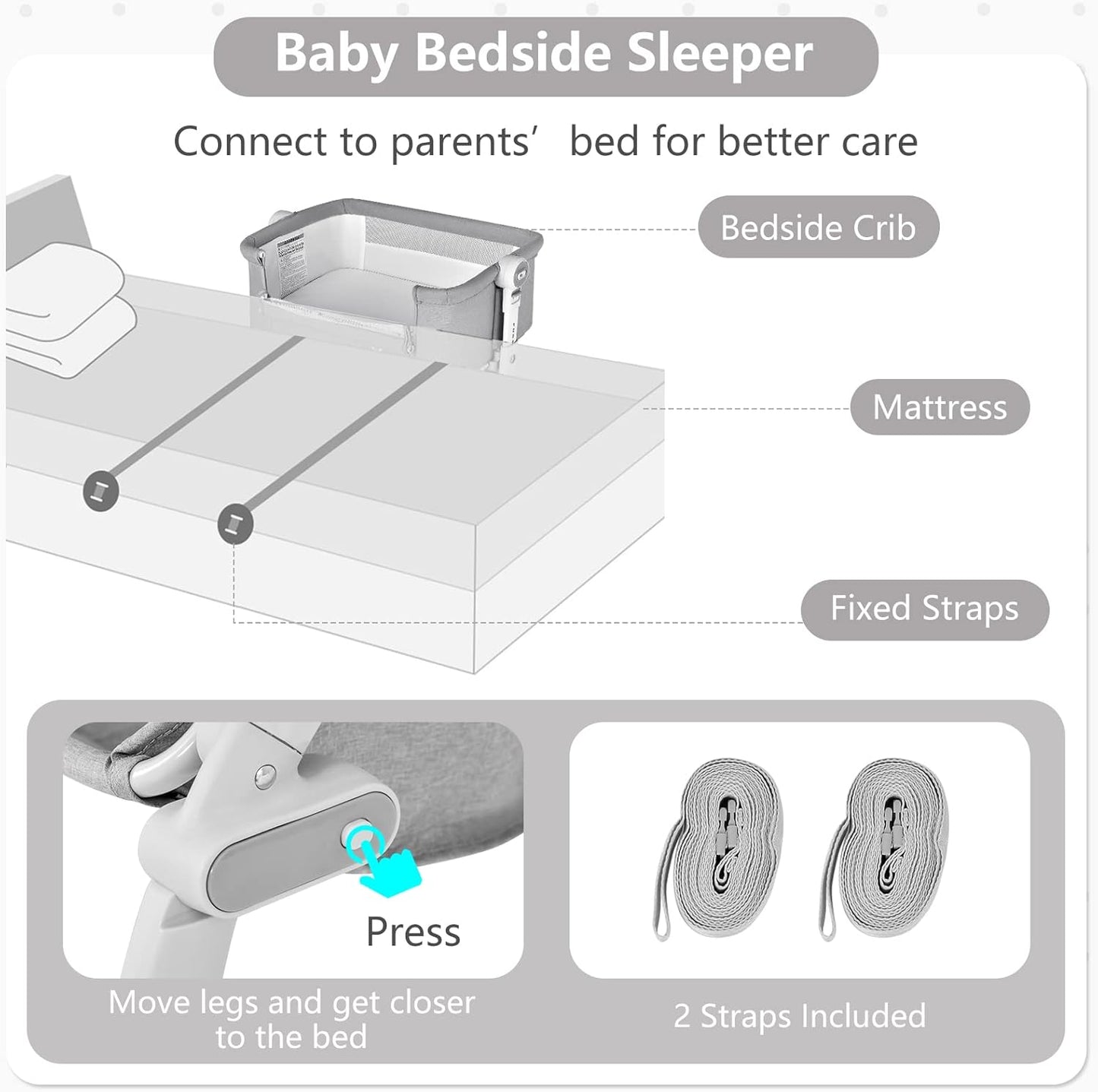 INFANS 3 in 1 Baby Bassinet, Bedside Sleeper, Rocking Cradle, Easy Folding Portable Safer Co-Sleeping Crib with Height Adjustable, Wheels Storage Basket Travel Bag for Infant Newborn (Gray)