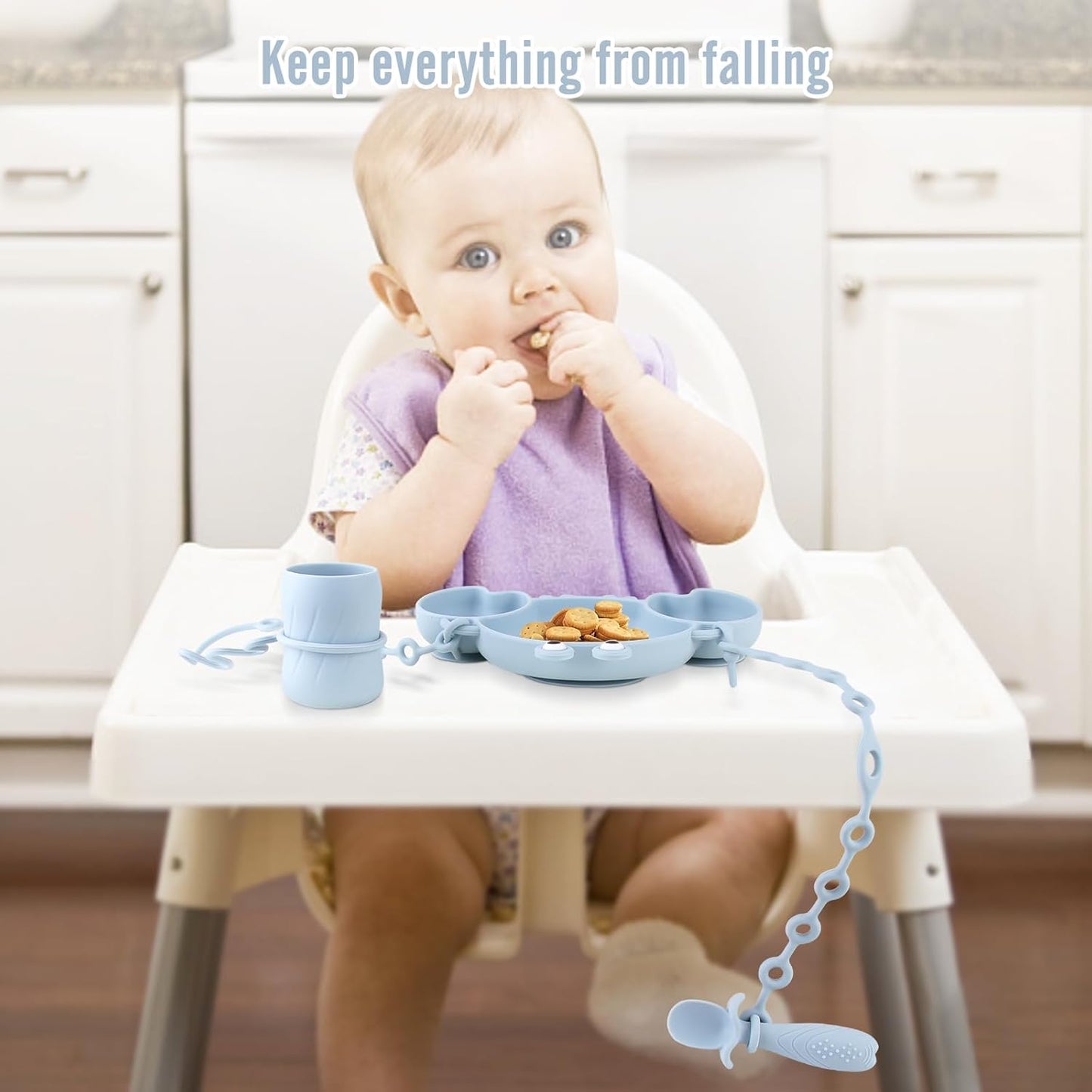 Silicone Baby Feeding Set, 8-Piece Baby Led Weaning Supplies Included Toddler Suction Plate, Bowl, Cup, 3 Spoons & 2 Safety Straps Keep Spoon, Fork & Bottle Off The Floor for Self-Feeding (Blue)