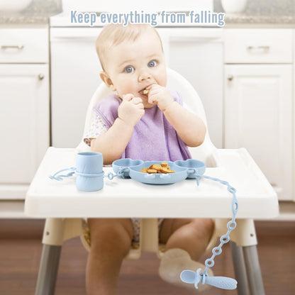 Silicone Baby Feeding Set, 8-Piece Baby Led Weaning Supplies Included Toddler Suction Plate, Bowl, Cup, 3 Spoons & 2 Safety Straps Keep Spoon, Fork & Bottle Off The Floor for Self-Feeding (Blue)