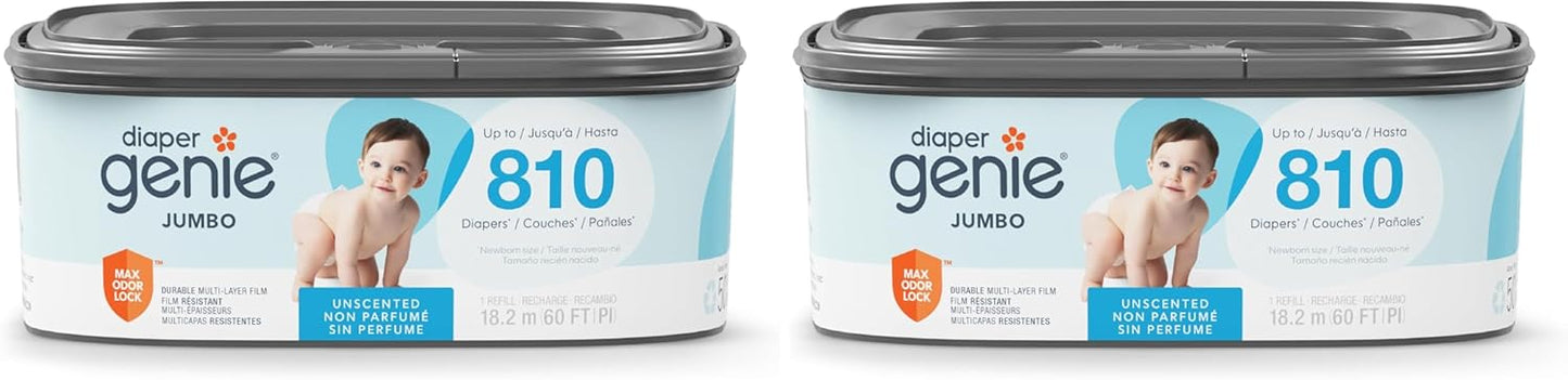 Diaper Genie Jumbo Square Refill, with Continuous Film, can Hold up to 810 Newborn-Sized Diapers per Refill.