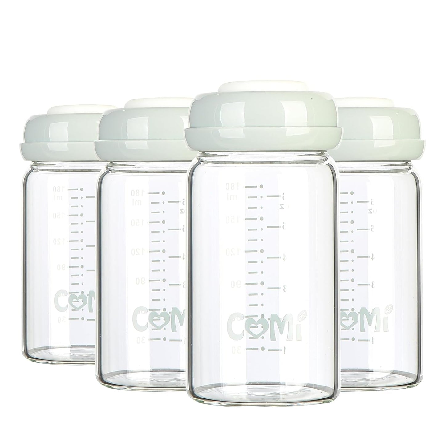 COMI Wide Neck Glass Breastmilk Collection n Storage Bottle, 4 Packs,10oz with Screw Ring Sealing Disk,Re-markable Sealing Disc,BPA Free,Fits Breast Pumps&Nipples(4 Green Lids)