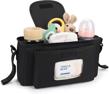 Accmor Universal Stroller Organizer with Insulated Cup Holder and Shoulder Strap, Stroller Caddy Bag Stroller Cup Holder Attachment for Uppababy, Baby Jogger, Britax Strollers, Black