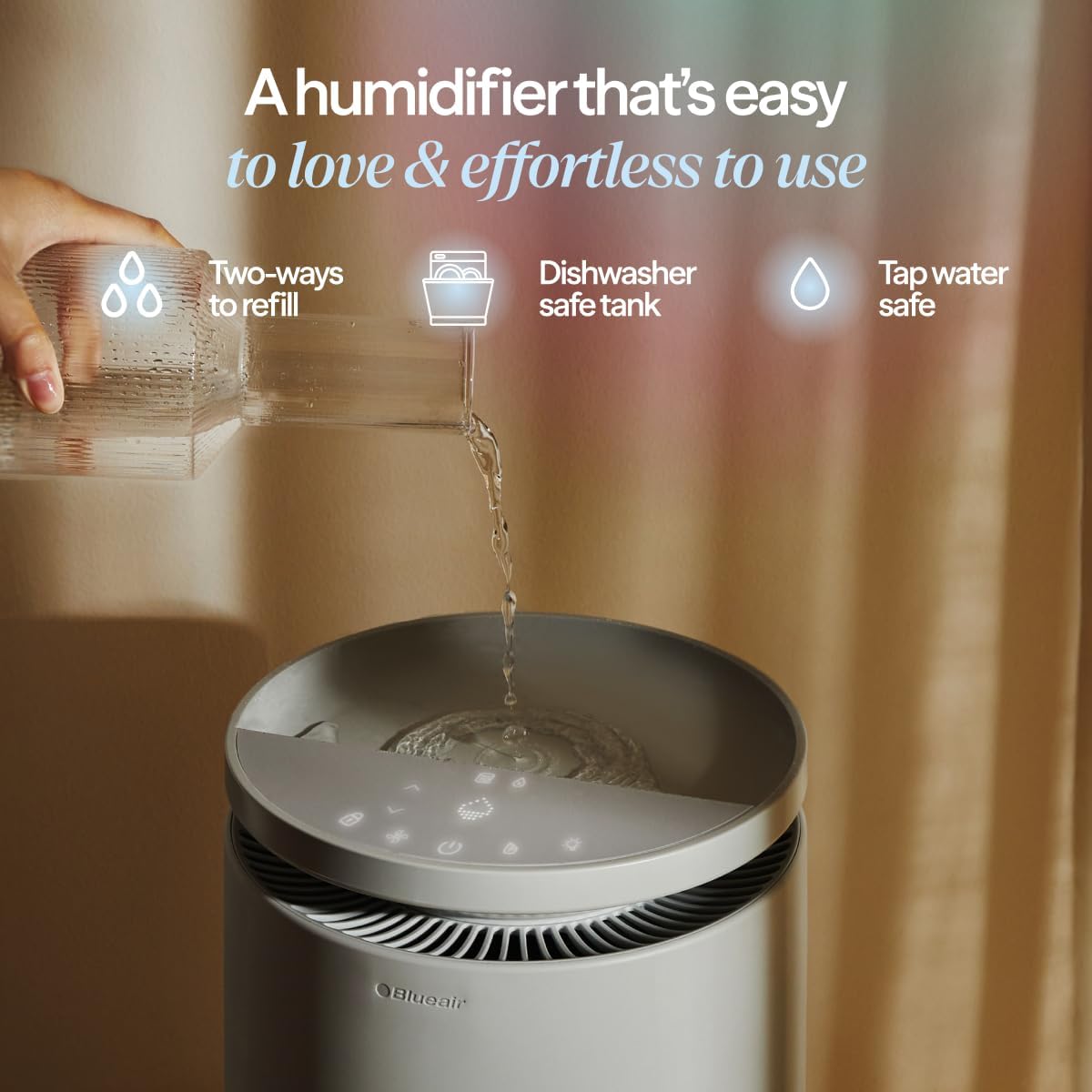 BLUEAIR Room Humidifier - DreamWell - 48Hr Top-Fill Mist-Free InvisibleMist Technology Aroma Stone for Essential Oils and Soothing Mood Lighting - Quiet Operation for Bedroom and Home Use, Beige
