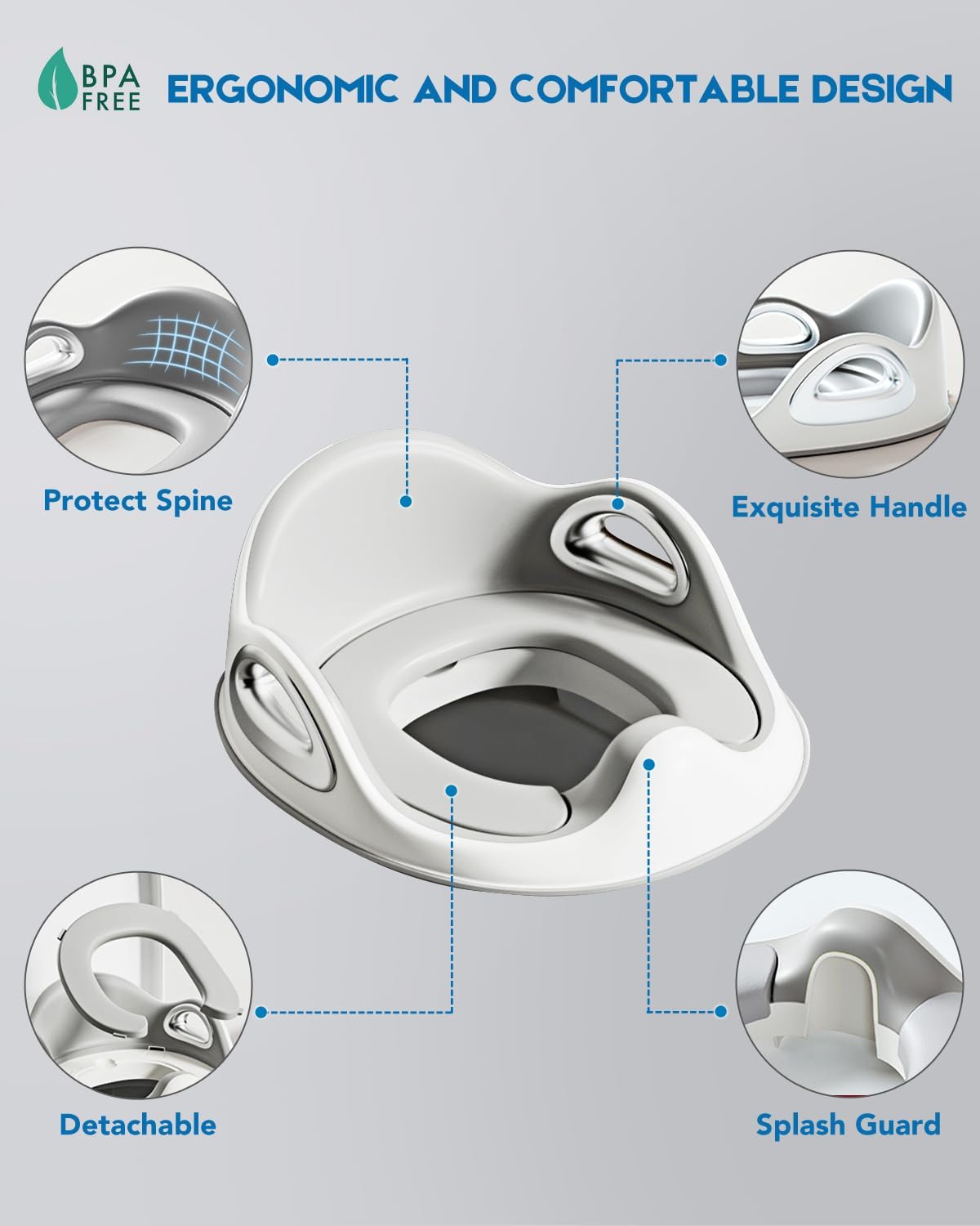 Potty Training Toilet Seat, Toddler Toilet Seat Attachment with Safety Handles, Detachable Soft Cushion, Anti-Slip Design and Splash Guard, Baby Potty Seats for Kids, Boys and Girls (Grey)