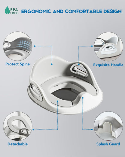 Potty Training Toilet Seat, Toddler Toilet Seat Attachment with Safety Handles, Detachable Soft Cushion, Anti-Slip Design and Splash Guard, Baby Potty Seats for Kids, Boys and Girls (Grey)