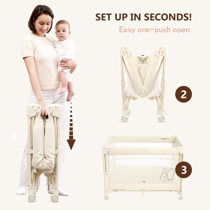 ANGELBLISS Baby Bassinet Bedside Crib, Pack and Play with Mattress, Diaper Changer, One-Push Setup Playards from Infants to Toddlers (Balck)