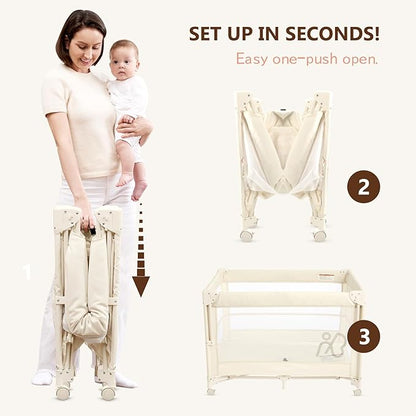 ANGELBLISS Baby Bassinet Bedside Crib, Pack and Play with Mattress, Diaper Changer, One-Push Setup Playards from Infants to Toddlers (Beige)
