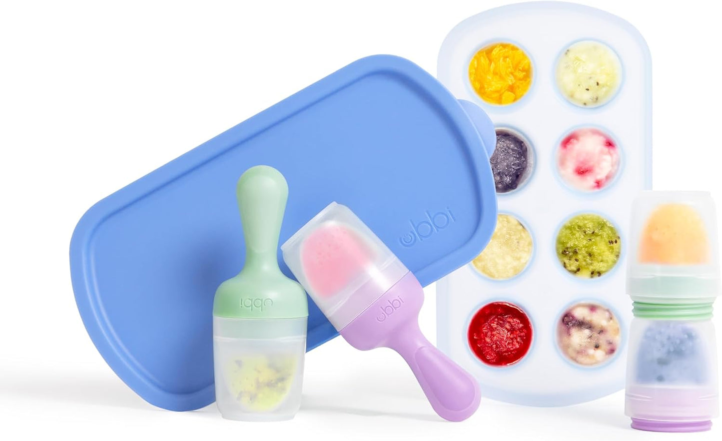 Ubbi Baby Food Feeder & Freezer Tray Set, Infant Teething Relief, BPA-Free, Safely Introduce Solids and Self Feeding, Freezable Popsicle Molds, Dishwasher Safe, Smoothie Purple & Zest Green