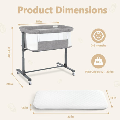 Kinder King Baby Bassinet Bedside Sleeper, Newborn Baby Bedside Crib w/Wheels, All-Sided Mesh, Adjustable Height, Removable Soft Mattress, No Tool to Assemble, Grey
