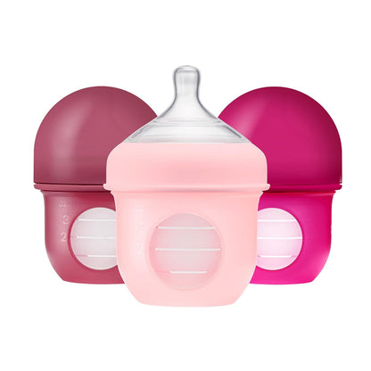 Boon Nursh Reusable Silicone Pouch Baby Bottles - Slow Flow Nipple - Silicone Baby Bottle Pouch and Nipple - Baby Feeding Essentials - Speckle - 0-3 Months - 3 Count - 4 Ounce