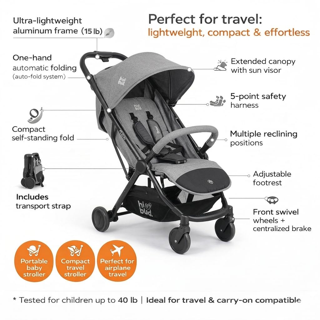 HiBud Baby Stroller, Lightweight Compact Stroller with One-Hand Auto Folding, 5-Point Harness, Adjustable Footrest, Multi-Position Recline, Carry Strap, Supports up to 40 lbs (Grey)