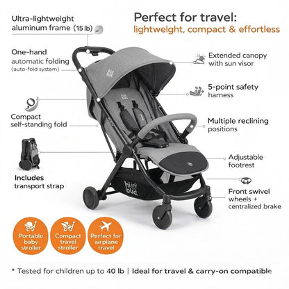 HiBud Baby Stroller, Lightweight Compact Stroller with One-Hand Auto Folding, 5-Point Harness, Adjustable Footrest, Multi-Position Recline, Carry Strap, Supports up to 40 lbs (Grey)
