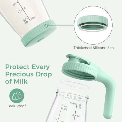 Momcozy Breast Milk Pitcher, Resistant to Heat and Cold Abrupt Temp Swings, No Leak Glass Breast Milk Fridge Storage Container with Wide Mouth, Fast Baby Formula Maker, Green
