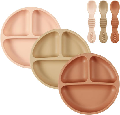 PandaEar Baby Feeding Set, 3 Pack Toddler Plates with 3 Spoons, 100% Silicone Divided Suction Plate for Babies, BPA-Free, Dishwasher and Microwave Safe -Blue/Red/Brown
