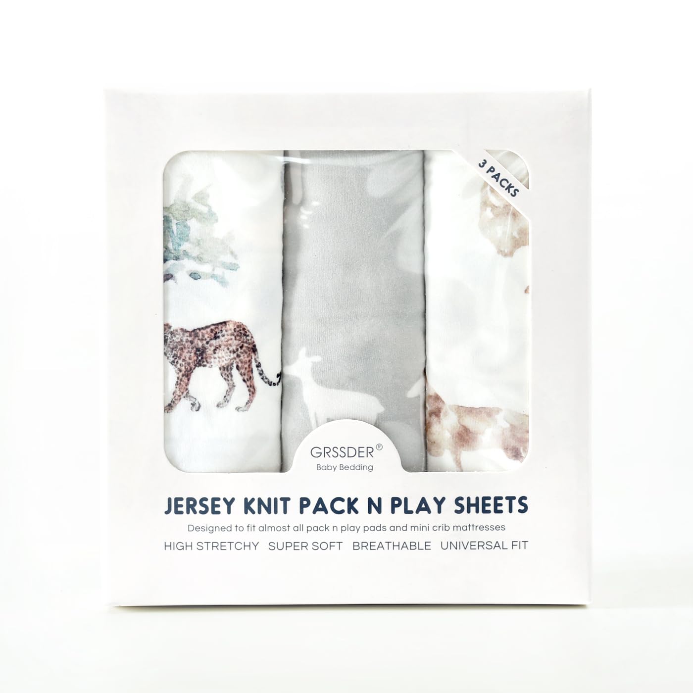 GRSSDER Stretch Ultra Soft Jersey Knit Fitted Pack n Play Playard Sheets Set 2 Pack，Fits Portable/Mini Cribs Sheets, Playards Mattress Pads, Stylish Watercolor Animals for Baby, Mint Green