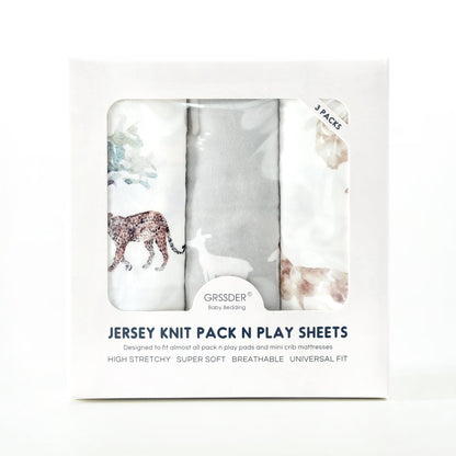 GRSSDER Stretch Ultra Soft Jersey Knit Fitted Pack n Play Playard Sheets Set 2 Pack，Fits Portable/Mini Cribs Sheets, Playards Mattress Pads, Stylish Watercolor Animals for Baby, Mint Green