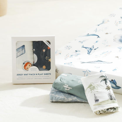 GRSSDER Stretch Ultra Soft Jersey Knit Fitted Pack n Play Playard Sheets Set 2 Pack，Fits Portable/Mini Cribs Sheets, Playards Mattress Pads, Stylish Watercolor Animals for Baby, Mint Green