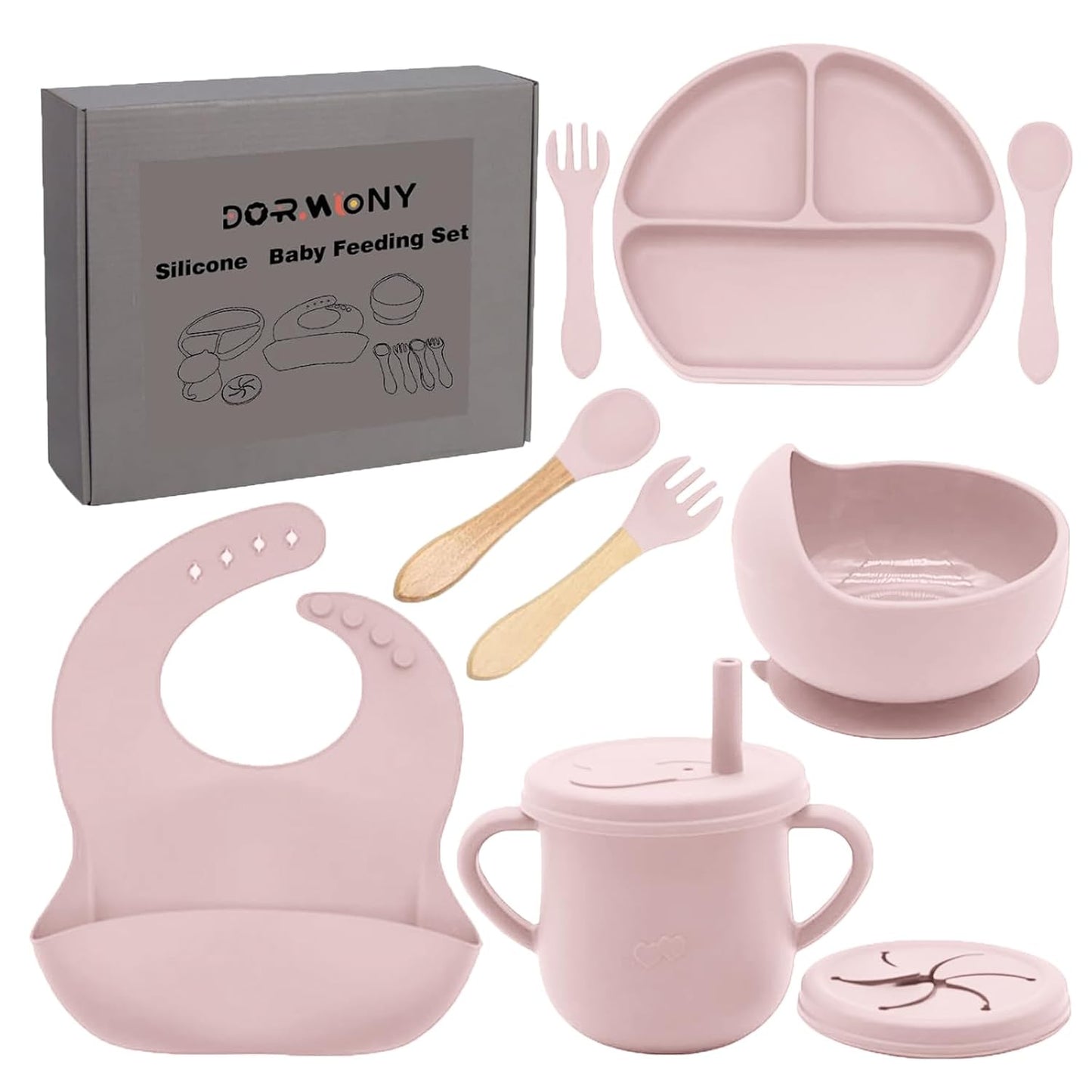 100% Silicone Baby Feeding Set, BPA Free Baby Dishes with Suction Bowl, Divided Plate, Toddler Self Feeding Dish Set with Spoons, Forks, Sippy Cup and Bib, Baby Eating Utensils (Navy Blue)