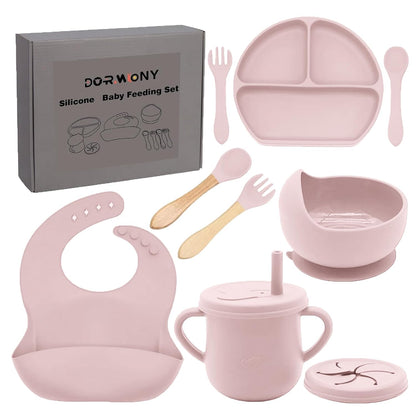 100% Silicone Baby Feeding Set, BPA Free Baby Dishes with Suction Bowl, Divided Plate, Toddler Self Feeding Dish Set with Spoons, Forks, Sippy Cup and Bib, Baby Eating Utensils (Navy Blue)