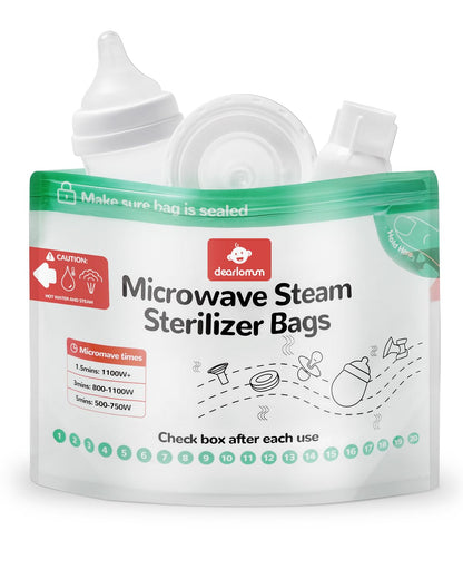 dearlomum Microwave Steam Sterilizer Bag for Baby Bottles 8 Count (20 Uses Per Bag), Reusable Travel Sterilization Pouches, Disinfection Container for Baby Pacifiers and Breast Pump Accessories