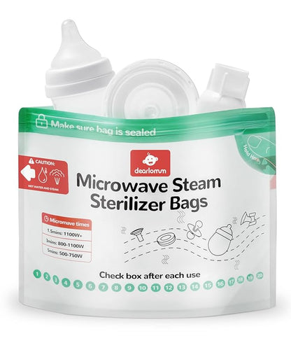 dearlomum Microwave Steam Sterilizer Bag for Baby Bottles 8 Count (20 Uses Per Bag), Reusable Travel Sterilization Pouches, Disinfection Container for Baby Pacifiers and Breast Pump Accessories