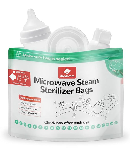dearlomum Microwave Steam Sterilizer Bag for Baby Bottles 8 Count (20 Uses Per Bag), Reusable Travel Sterilization Pouches, Disinfection Container for Baby Pacifiers and Breast Pump Accessories