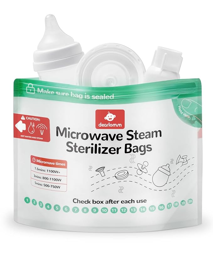 dearlomum Microwave Steam Sterilizer Bag for Baby Bottles 20 Count (20 Uses Per Bag), Reusable Travel Sterilization Pouches, Disinfection Container for Baby Pacifiers and Breast Pump Accessories