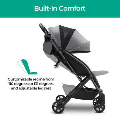 Mompush Lithe, Lightweight Stroller, Compact One-Hand Fold Luggage-Style Travel Stroller for Airplane Friendly, Reclining Seat and XL Canopy, with Rain Cover & Travel Carry Bag & Cup Holder