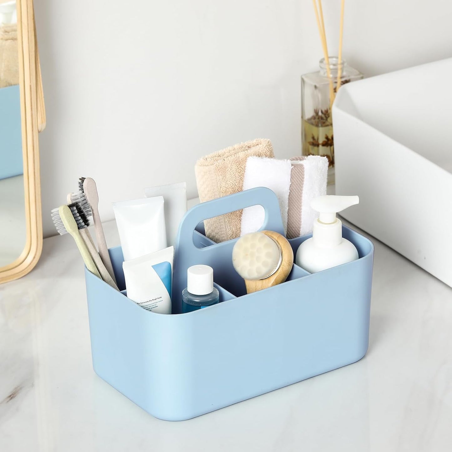 Multiuse Caddy Organizer with Handle, Portable Divided Plastic Tote Bin - Art Craft, Stationary Pen Marker Crayons, Makeup Hair Supplies Storage - Bathroom, Classroom, Dorm, Office, Desk Holder - Pink