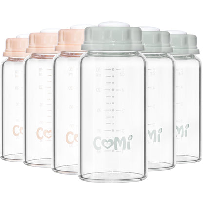 COMI Natural Glass Baby Bottle,Breastmilk Storage Bottle for Fridge,Breast Milk Container,Breast Pump Bottle Compatible with Medela Breast Pump,BPA Free,2PCS (5oz,2 Gray Lids)