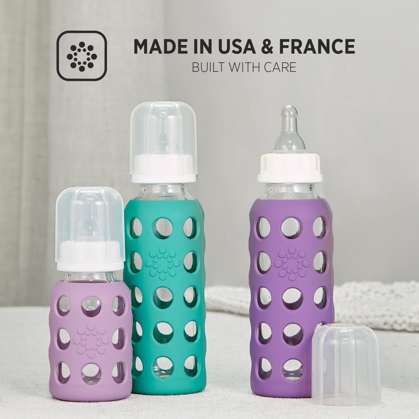 Lifefactory Glass Baby Bottle with Stage 1 Nipple and Protective Silicone Sleeve Blanket 4 Oz