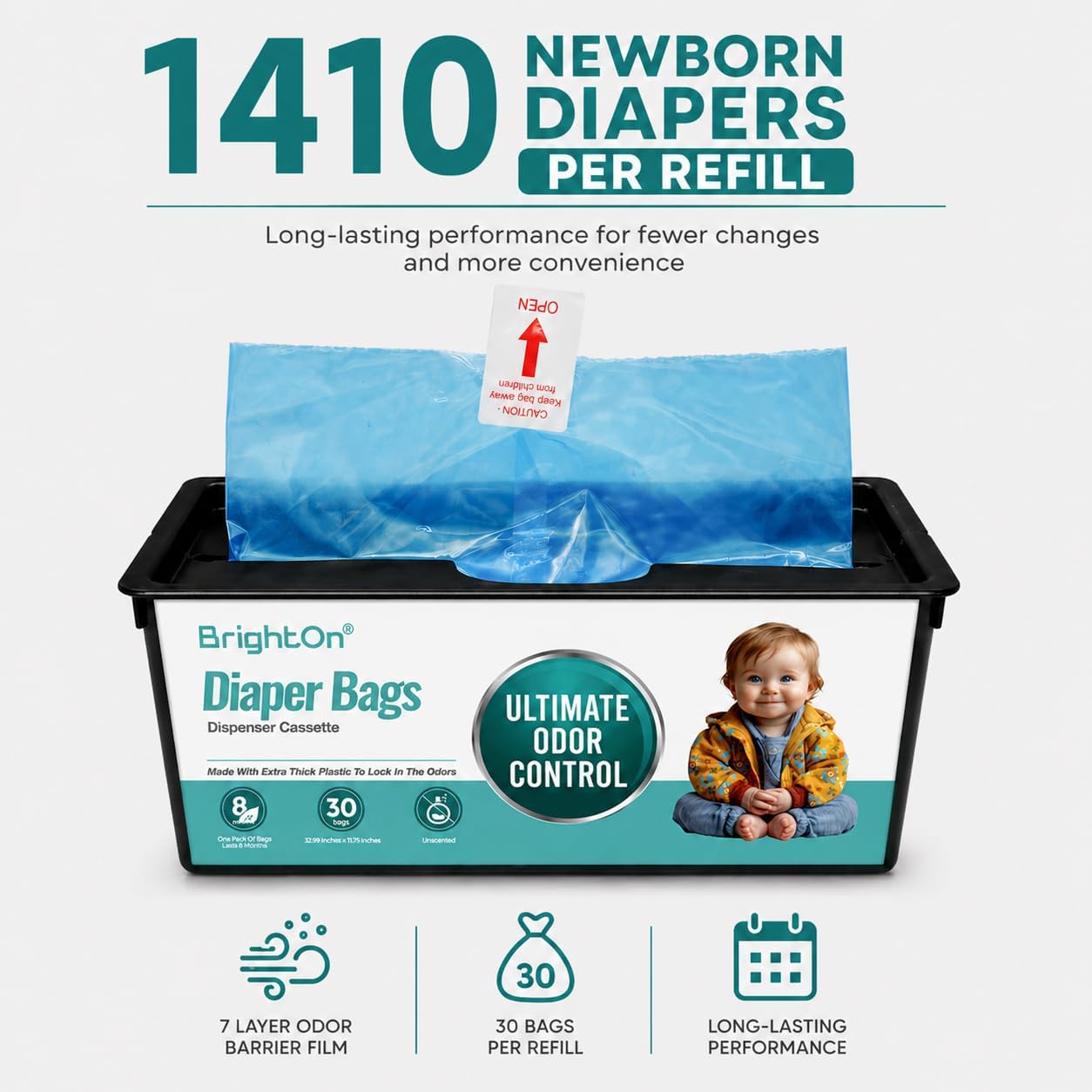 BrightOn® Diaper Pail Refill Bags, 30 Bags Per Refill, Compatible with Genie Easy Roll Signature Diaper Pails, Holds Up to 2820 Newborn Diapers, Real 7 Layer Odor Barrier, Unscented, 2PACK (60 Bags)