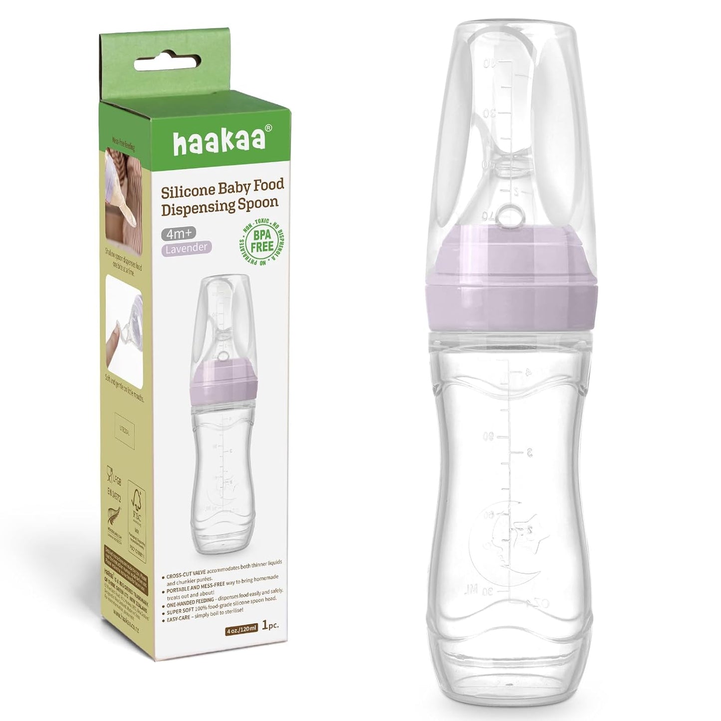 Haakaa Silicone Baby Food Dispensing Spoon Feeder 4oz - Infant Squeeze Cereal Feeder, Baby Fresh Food Feeder, Feed Bottle for Puree, Solid Baby Food, BPA Free, 4m+ Babies – Grey