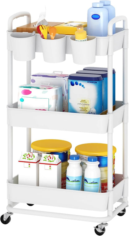 3-Tier Baby Diaper Caddy Organizer Cart with Locking Wheels & Hanging Cups - Rolling Storage Cart for Nursery, Changing Table, Baby Essentials,White