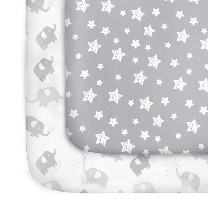 Pack and Play Sheets, 2 Pack Mini Crib Sheets, Stretchy Playard Fitted Sheet, Compatible with Graco Pack n Play, Soft and Breathable Material, Planet & Flower