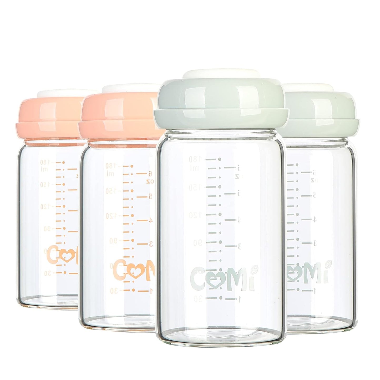 COMI Wide Neck Glass Breastmilk Collection n Storage Bottle, 4 Packs,10oz with Screw Ring Sealing Disk,Re-markable Sealing Disc,BPA Free,Fits Breast Pumps&Nipples(4 Green Lids)