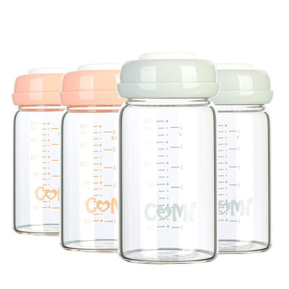COMI Wide Neck Glass Breastmilk Collection n Storage Bottle, 4 Packs,10oz with Screw Ring Sealing Disk,Re-markable Sealing Disc,BPA Free,Fits Breast Pumps&Nipples(4 Green Lids)