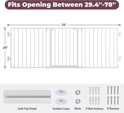 78" Extra Wide Baby Gate, Dog Gates Indoor for Doorways Stairs, Essential Safety Gate for Child, Hardware Mounted Adjustable Pet Gate with Anti-Trip Pedal, 28'' Tall 3 Metal Panels White