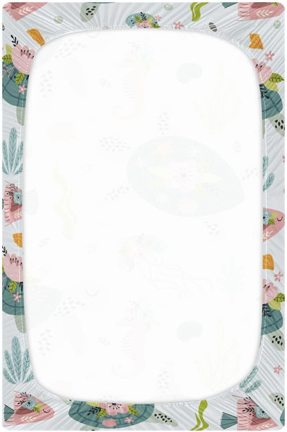 Fitted Crib Sheets Turtle Sea Horse Stretchy Portable Playard Sheets for Baby Toddler, Breathable Soft Mini Crib Mattress 39 x 27 in for Boys and Girls