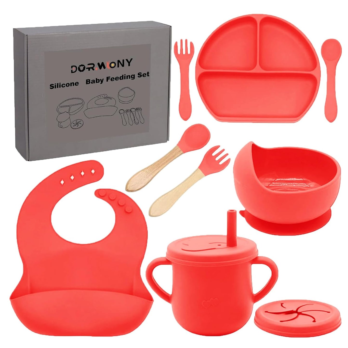 100% Silicone Baby Feeding Set, BPA Free Baby Dishes with Suction Bowl, Divided Plate, Toddler Self Feeding Dish Set with Spoons, Forks, Sippy Cup and Bib, Baby Eating Utensils (Navy Blue)