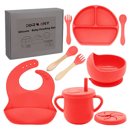 100% Silicone Baby Feeding Set, BPA Free Baby Dishes with Suction Bowl, Divided Plate, Toddler Self Feeding Dish Set with Spoons, Forks, Sippy Cup and Bib, Baby Eating Utensils (Navy Blue)