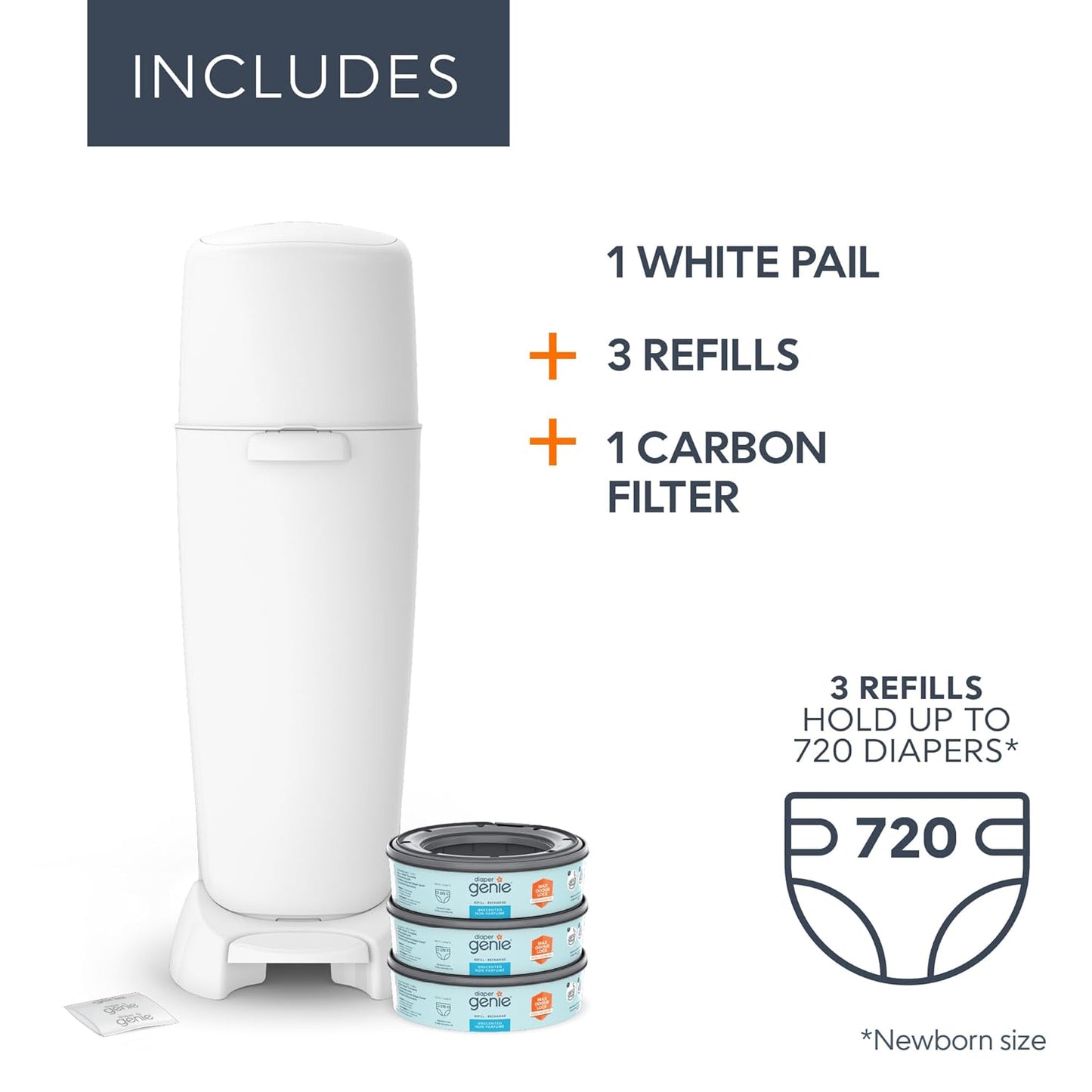 Diaper Genie Complete Diaper Pail (White) – Includes 1 Refill (Holds 270 Newborn Diapers) & 1 Carbon Filter