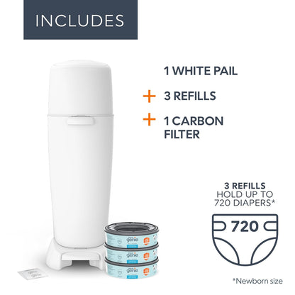 Diaper Genie Complete Diaper Pail (White) – Includes 1 Refill (Holds 270 Newborn Diapers) & 1 Carbon Filter