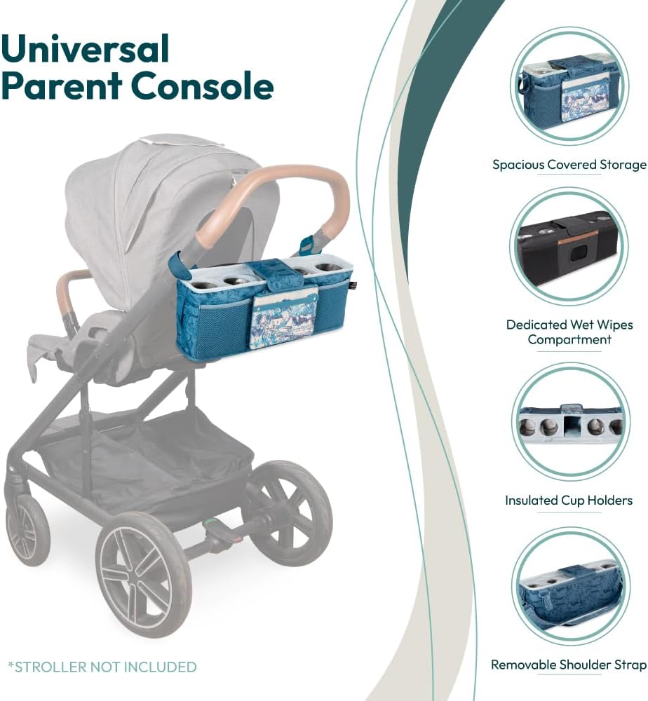 WONDERFOLD Universal Parent Console Stroller Organizer with Insulated Cup Holders, Hook & Loop Closure Handle Attachment, 2 Storage Pockets, Removable Shoulder Strap for Easy Transport