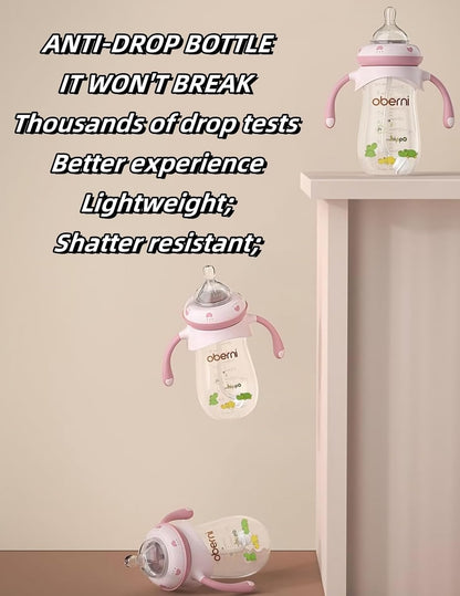 Oberni Baby Bottles, Weighted Straw Toddler Milk Bottles with Non-Slip Handle, Size + Variable Fast Flow, 12+ Months, BPA-Free, Pink/1Pack/9oz
