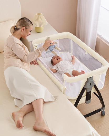 Bedside Bassinet for Baby, 3 in 1 Breathable Mesh Baby Bassinet, 6 Height Adjustable, Easy to Assemble, Bassinet Bedside Sleeper with Wheels, Mosquito Net, Storage Basket, Bassinets for Newborn Baby | Multi-functional