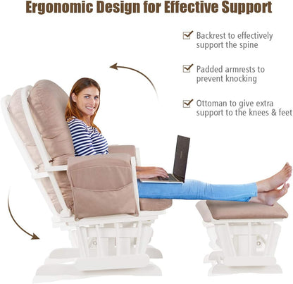 Costzon Nursery Glider with Ottoman, Upholstered Comfort Glider Rocker with Padded Cushion, Storage Pocket, Solid Wood Base, Rocking Chair Nursery for Breastfeeding, Napping (Light Gray)