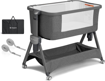 babyboat Baby Bassinet Bedside Sleeper 3 in 1 Collapsible Portable Crib with Storage Basket, Movable Wheels 5 Height Adjustable Co-Sleeper for Newborns - Grey | Soft Mattress, Collapsible Portable