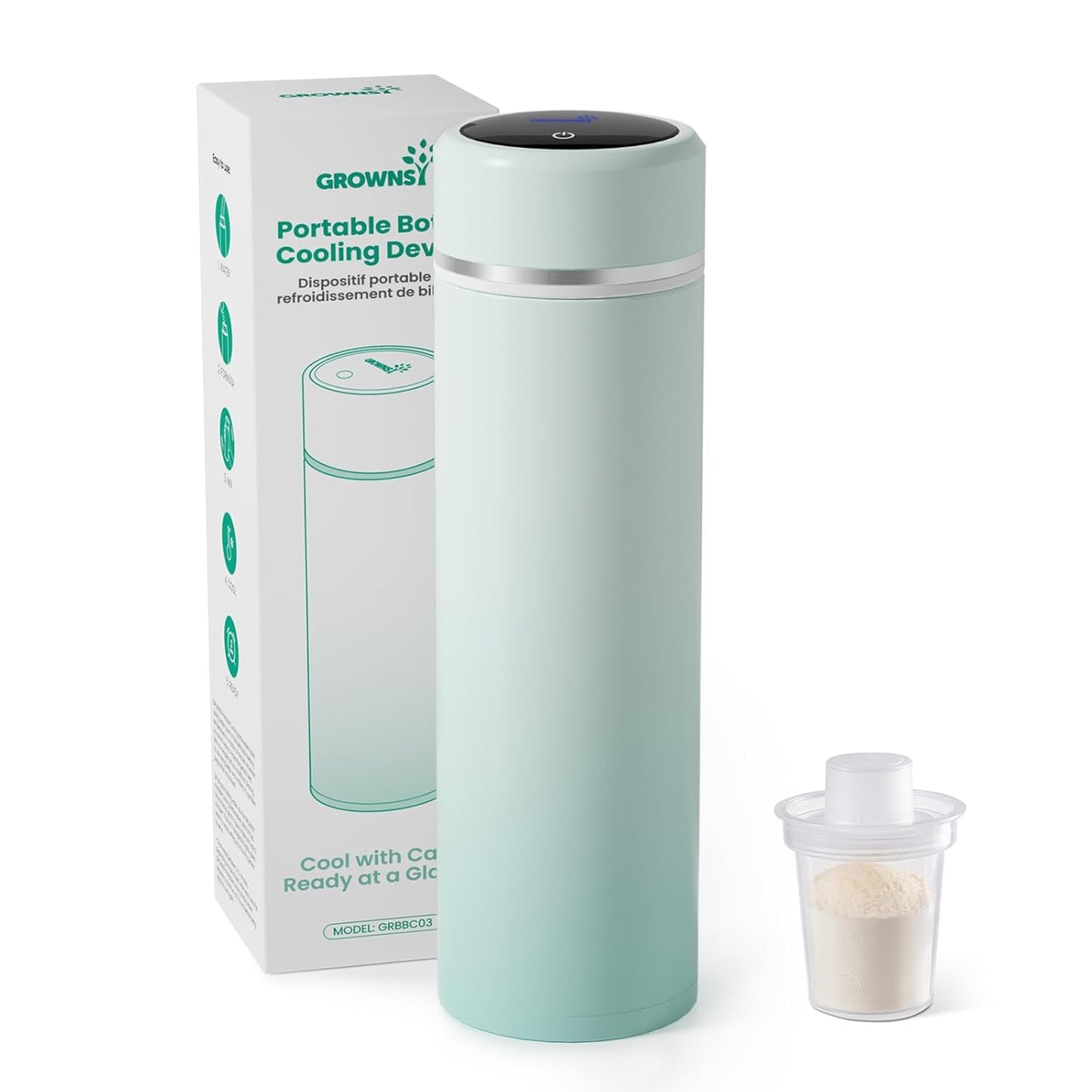 Grownsy Portable Baby Formula Bottle Maker, Rapid Cooling in 3 Min, Pure Physical Cooling, No Power Needed, Smart Color Temp Display, Travel & Night Feeding Essential, Includes Formula Dispenser,Green