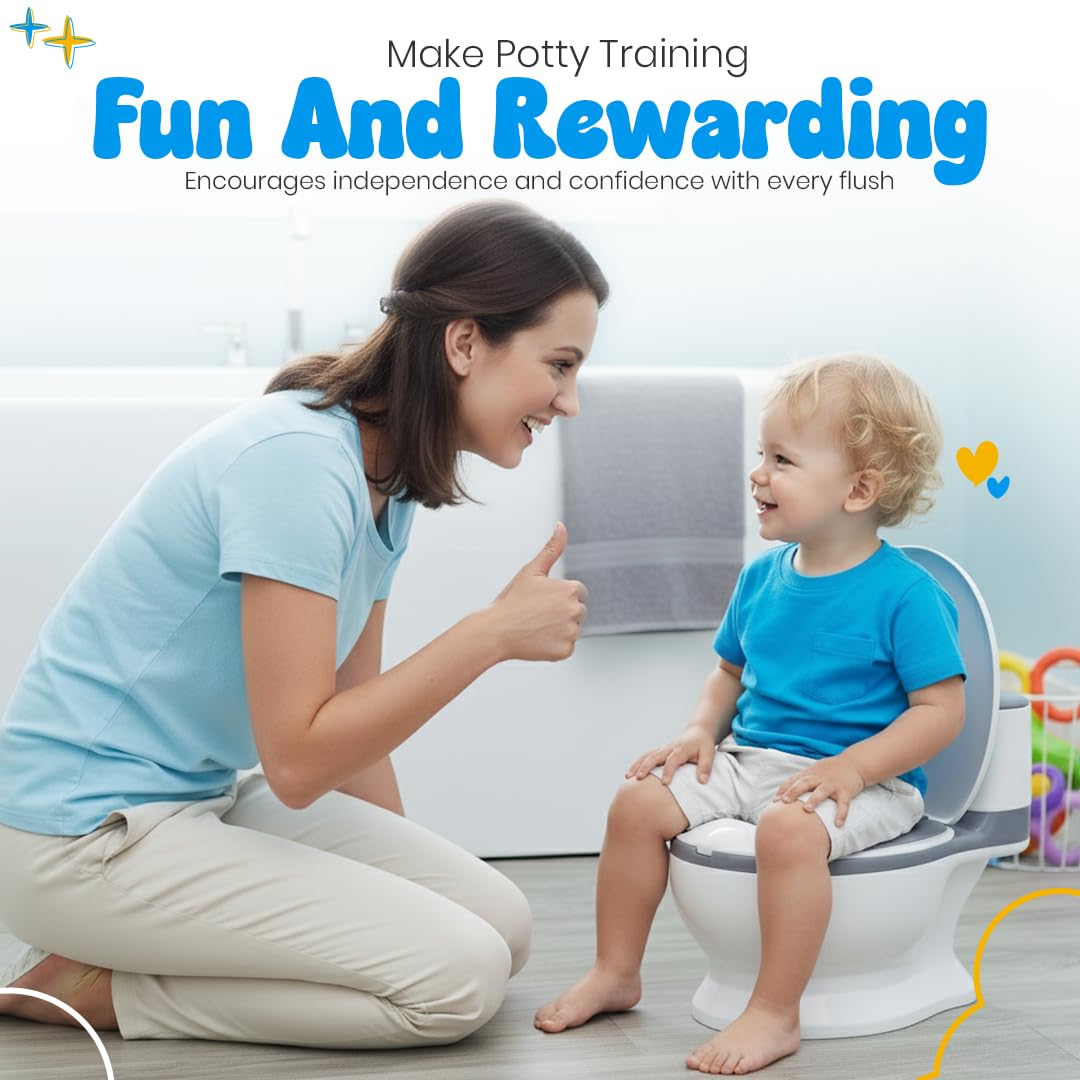 Toddler Potty Training Toilet with Diatomaceous Earth Mat – Realistic Toilet for Toddlers with Lid, Splash Guard & Non-Slip Base – Baby Potty Training Toilet with Bonus Tic-Tac-Toe Play Mat